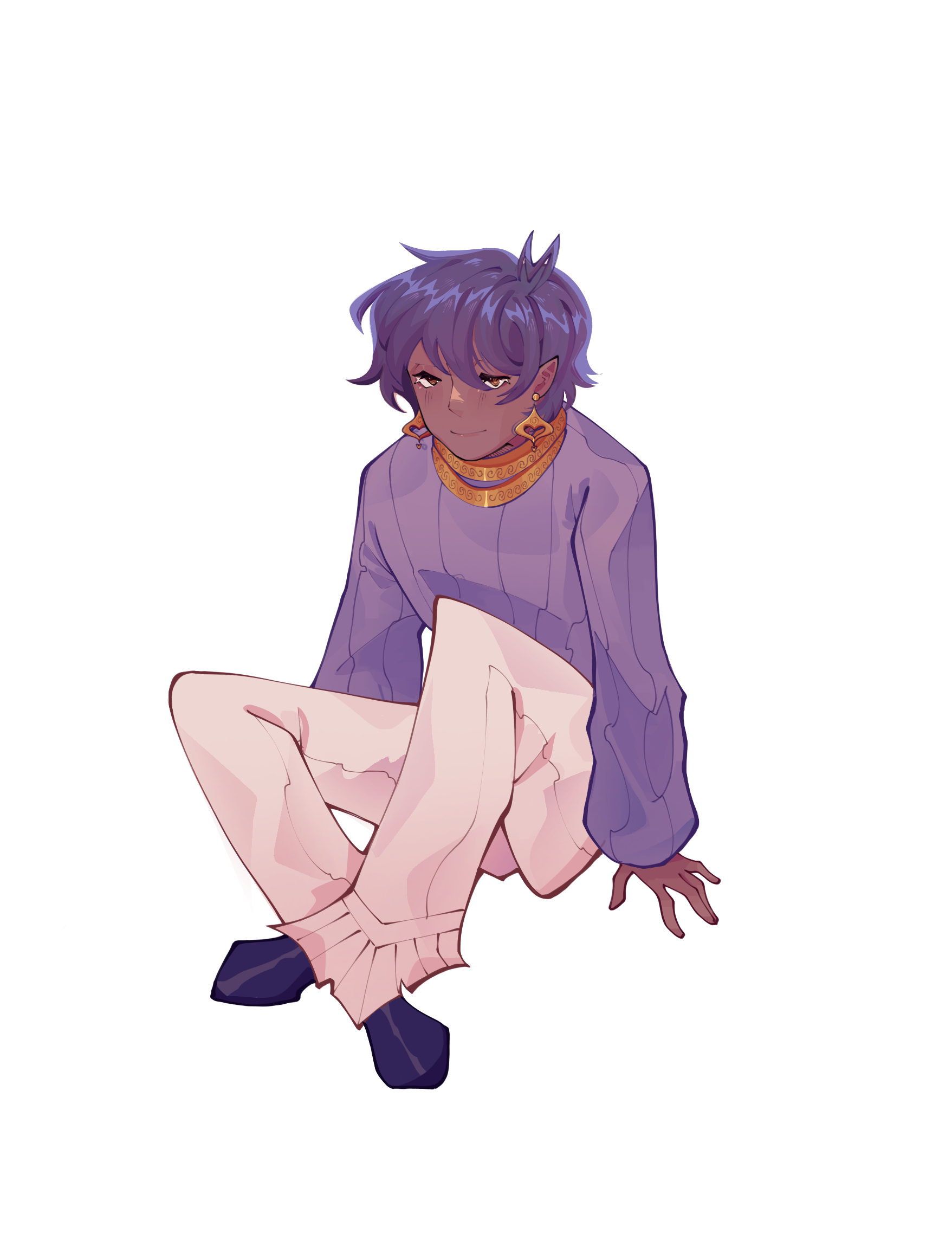 an anime illustration of a purple haired masculine character, wearing lavender pajamas with gold accents.